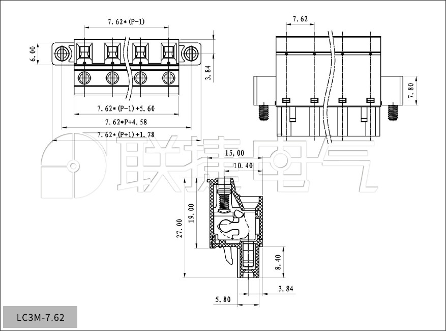 上海联捷LC3M-7.62间距法兰款插拔式接线端子